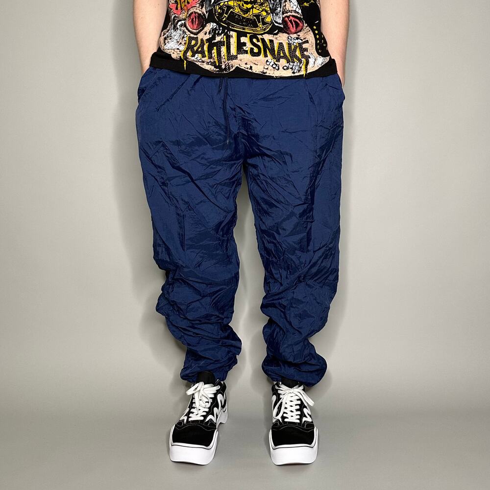 Vintage 90s Track Pants Mens L Baggy Fit Navy Blue Nylon Joggers Ankle Zippers - Picture 2 of 5